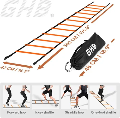 Vista 5 de GHB Pro Agility Ladder Agility Training Ladder Speed 12 Rung 20ft with Carrying Bag Naranja
