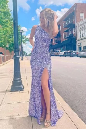 Vista 4 de Rjer One Shoulder Prom Dresses 2023 Sequin Formal Dresses Long Evening Gowns Slit Wedding Party Dresses