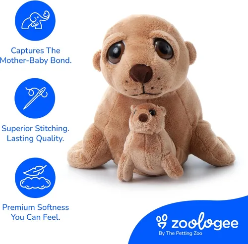 Vista 4 de The Petting Zoo Peluche de león marino para mamá y bebé, regalos para niños, animales del océano Pocketz, juguete de peluche de león marino de 14