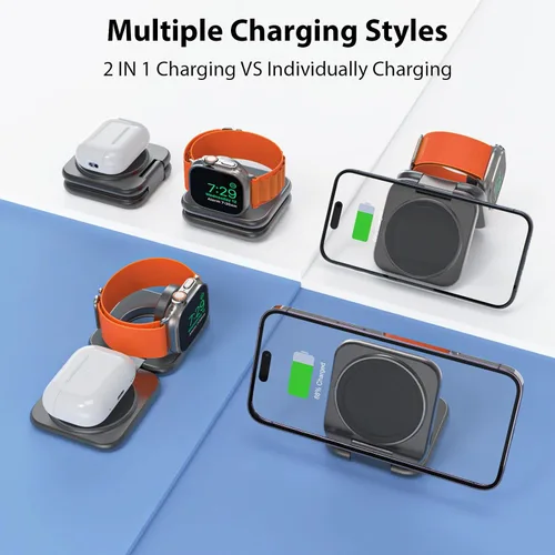 Vista 2 de KUXIU - Mini cargador inalámbrico plegable 2 en 1 para Apple, estación de carga magnética de aleación de aluminio compatible con iPhone