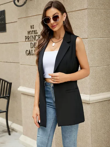 Vista 3 de Kedera Chaleco largo sin mangas para mujer chaqueta casual de oficina con solapa