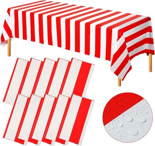 Vista 9 de Batiyeer 6 manteles de carnaval, mantel a rayas rojas y blancas, decoración de circo de plástico, impermeable, rectangular, para el hogar, cocina