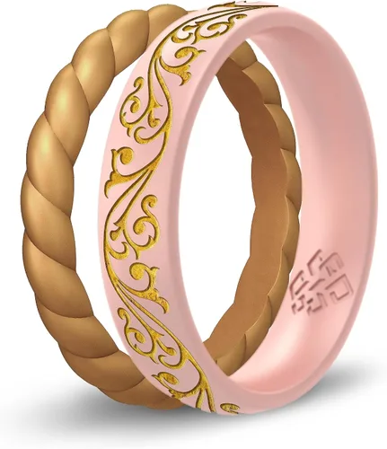 Vista 15 de Knot Theory Anillo de silicona de filigrana y hoja de laurel con incrustaciones de oro, anillo de boda de silicona grabado, para actividades