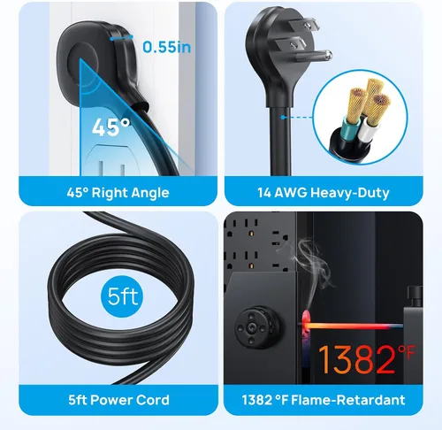 Vista 4 de TROND Regleta protectora de sobretensiones, cable de extensión de enchufe plano de 5 pies con múltiples tomas, 22 CA ampliamente espaciados