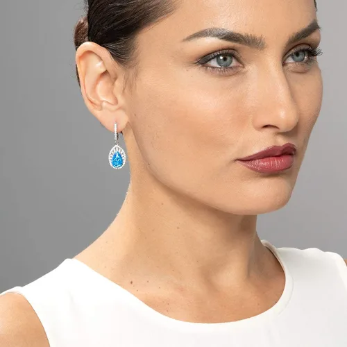 Vista 2 de Peora Aretes de ópalo de fuego azul de 3 quilates en plata de ley, diseño vintage de lágrima, forma de pera hipoalergénica, 0.472 x 0.315 in, clip