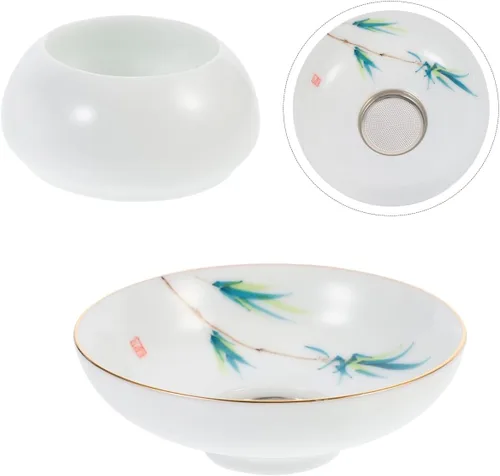 Vista 7 de DOITOOL Colador de filtro de té de cerámica de porcelana con soporte de soporte, juego de utensilios de ceremonia de té chino de Kongfu (estilo 2)