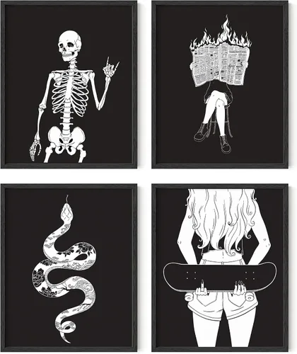 Vista 23 de HAUS AND HUES Decoración gótica de pared, juego de 4 impresiones de Halloween, arte de pared de terror y esqueleto, obra de arte espeluznante
