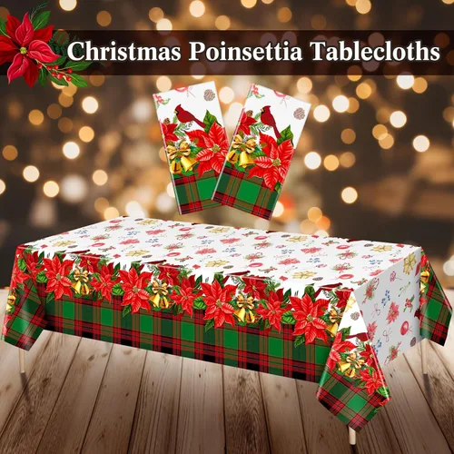 Vista 4 de Peryiter 2 piezas de mantel de plástico de Navidad alegre, 54 x 108 pulgadas, rojo de invierno, flor, loro, desechable, para decoración de fiesta