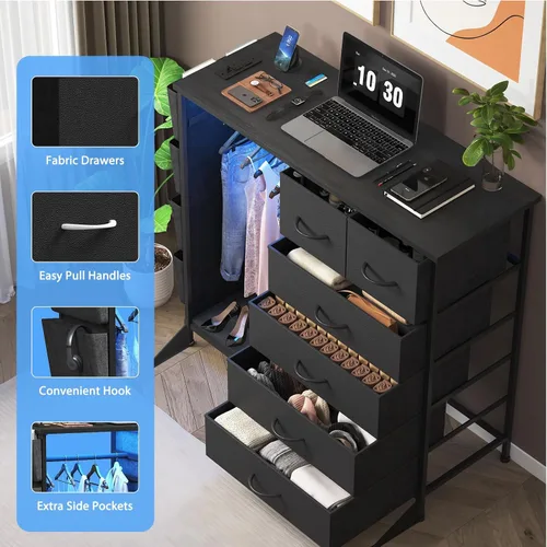 Vista 5 de Cómoda de 6 cajones para dormitorio con perchero para ropa, cómoda para ropa con bolsillos laterales y ganchos, estación de carga y luces LED, parte