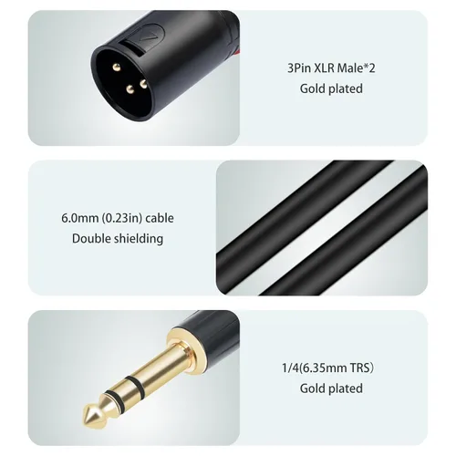 Vista 5 de 1/4 TRS a doble XLR macho Y-Splitter Cable de conexión estéreo de 1/4 pulgadas (0.250 in) a 2 XLR Cable de conexión de 3.3 pies