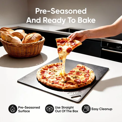 Vista 5 de Acero para pizza para horno Fabricado en Estados Unidos 16 x 14.25 pulgadas Acero para hornear pre-sazonado para pan, pizza, masa madre y más