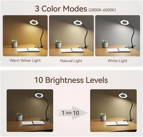 Vista 2 de Paquete de 2 lámparas de escritorio LED con clip, lámpara de metal ajustable 360 para el cuidado de los ojos con función de memoria, 3 modos