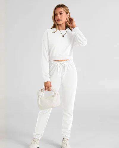 Vista 77 de BTFBM Conjunto deportivo de 2 piezas para mujer, camiseta corta de manga larga, sin botones, pantalón con cordón ajustable, pantalones deportivos