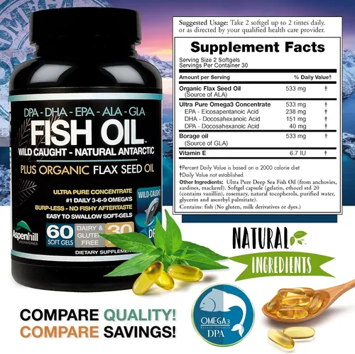 Vista 5 de Aceite de pescado antártico capturado salvaje Omega 3 con semilla de lino orgánico Omega Ultra Blend DPA-EPA-DHA-GLA-ALA
