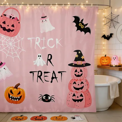 Vista 22 de Happy Halloween Shower Curtain,Bowknot Snowflake Pattern Bathroom Curtains,Sweet Ghost Holiday Theme Waterproof Bath Curtain,Black Bathroom Curtains