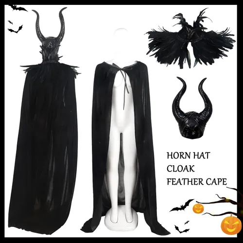 Vista 6 de HOMELEX Disfraz gótico de cuervo negro, chal de plumas con cuernos de maléfica, conjunto de cosplay