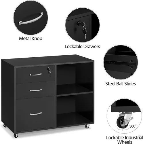 Vista 6 de Topeakmart Archivador negro con cerradura para letra A4, tamaño A4, archivador lateral de 3 cajones, soporte de impresora con compartimentos