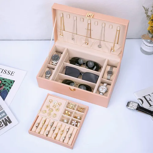 Vista 7 de LANDICI Joyero organizador para mujeres y niñas, caja grande de 2 capas para reloj con bandeja extraíble, soporte de almacenamiento de joyas de piel