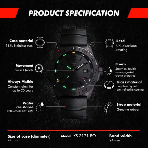 Vista 4 de Luminox Pacific Diver Sea Series Black Out - Reloj de buceo analógico de 1.732in para hombre, Negro -, Buceador