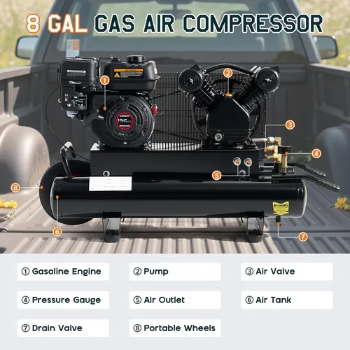 Vista 7 de Albott Compresor de aire a gas 6.5HP, tanque horizontal portátil de 8 galones, motor Loncin de 196cc, 10 CFM @ 115 PSI, compresor de bomba de pistón