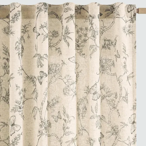 Vista 21 de JINCHAN Cortinas florales de lino para sala de estar, cortinas negras de estilo granja francesa de campo, cortinas de 63 pulgadas de largo, cortinas