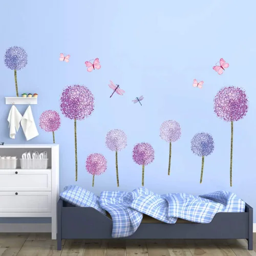 Vista 2 de Calcomanías de pared de dientes de león morados, mariposas, flores, decoración de pared para niñas, dormitorio, sala de estar