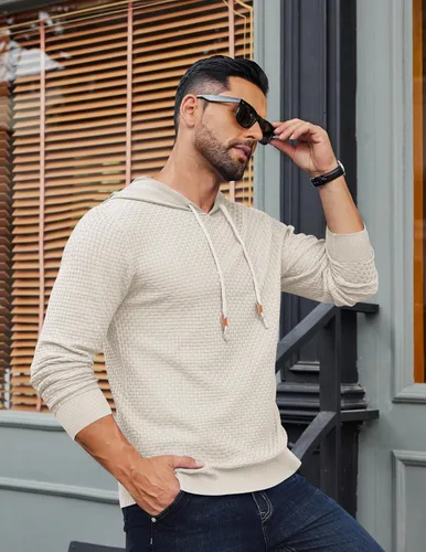 Vista 8 de COOFANDY Sudadera con capucha para hombre, casual, de manga larga, con cordón, de punto gofre, ajustada