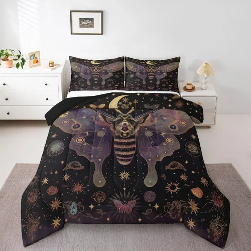 Vista 25 de Erosebridal Juego de ropa de cama de calavera gótica, flores mandala, mariposa hippie para niñas y niños, edredón de esqueleto de la muerte de Negro