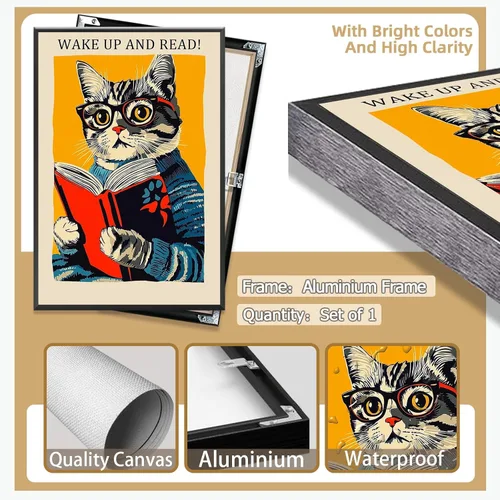 Vista 2 de Póster vintage de gato y libro, arte de pared inspirador, arte de lectura clásico para amantes de los libros, pintura para sala de estar, oficina
