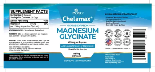 Vista 5 de Chelamax Glicinato de magnesio. Procedente del mar Muerto, 100% magnesio quelatado para apoyar el sueño, calambres musculares, salud ósea. Fabricado