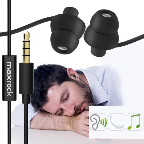 Vista 2 de MAXROCK (TM) Audífonos para Dormir Totalmente Suaves de Silicona con Tapones para los Oídos y Micrófono para Celulares, Tabletas y Conector de 3,5