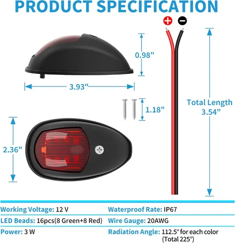 Vista 8 de Obcursco Luces de Navegación para Barco, LED Rojo y Verde de Montaje Vertical para Proa y Popa, Luces Marinas Impermeables IP67 para Pontones, Negro