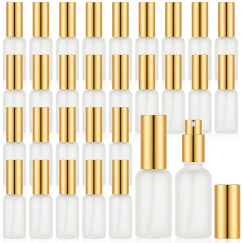 Vista 18 de Roshtia 30 botellas vacías decorativas transparentes de 0.33 onzas fluidas de color madera de haya con atomizador de perfume recargable, con bomba