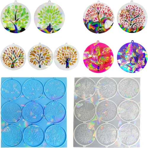 Vista 5 de LIANXUE Molde de silicona con patrón de árbol de vida, molde de resina holográfica, llavero de bricolaje, adorno de joyería, herramienta colgante