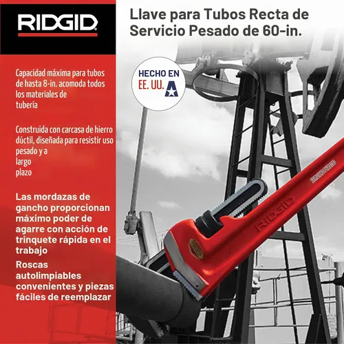 Vista 3 de RIDGID 31045 Llave de tubería recta modelo 60 resistente, llave de fontanería de 60 pulgadas, rojo, mediana