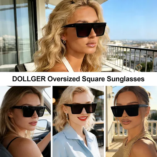 Vista 3 de Dollger - Gafas de sol cuadradas de gran tamaño para mujer y hombre, de moda, armazón negro con parte superior plana