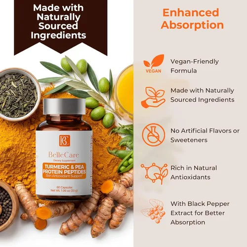 Vista 9 de BELLECARE Suplemento de cúrcuma de 780 mg con pimienta negra, vitamina C, té verde y péptidos de guisantes, apoyo antioxidante para la salud