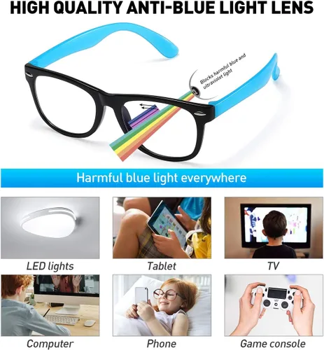 Vista 5 de DYLB Lentes de bloqueo de luz azul para niños y niñas, paquete de 2, anteojos de computadora para niños de 3 a 9 años, antiluz azul y dolor de Negro