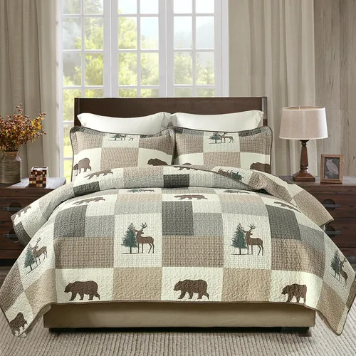 Vista 10 de SahSahCasa Juego de edredón de 100 % algodón, tamaño Queen, reversible, rústico, cabaña, edredón ligero para cama Queen, 3 piezas, beige/verde