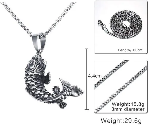 Vista 3 de PAMTIER Collar con colgante de amuleto de carpa Koi chino con signo de la suerte vintage unisex