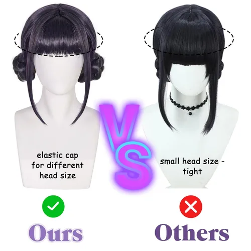 Vista 3 de Peluca negra y morada con 2 moños, pelo corto negro y morado, moños trenzados dobles para mujeres, cantantes, ídolos, personajes, cosplay, pelucas