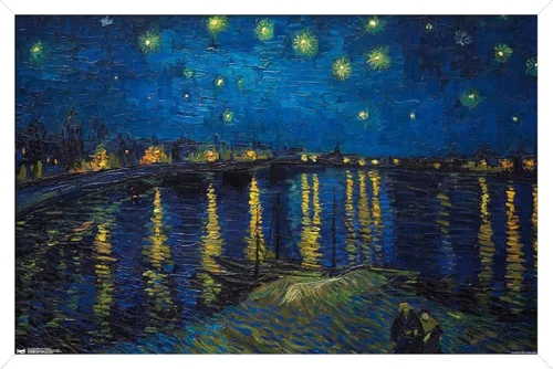 Vista 12 de Trends International Póster de pared de Vincent van Gogh, noche estrellada sobre el Ródano, 14.725 x 22.375 pulgadas, versión enmarcada de madera
