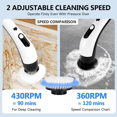 Vista 4 de Limpiador giratorio eléctrico inalámbrico con 8 cabezales de cepillo, limpieza de mano y ducha con mango ajustable, IPX7 impermeable para ducha