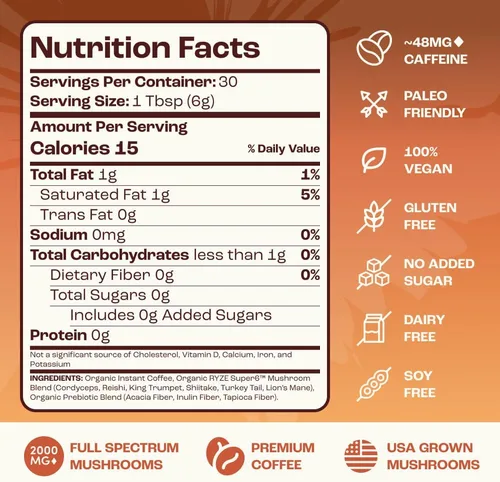 Vista 7 de RYZE SUPERFOODS - Café de tostado medio de hongos orgánico USDA con 6 hongos adaptogénicos, café instantáneo cultivado en Estados Unidos para una