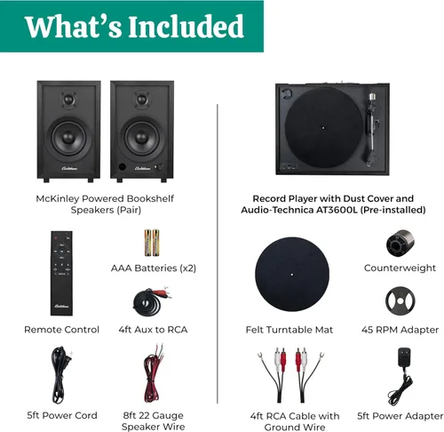 Vista 9 de Electrohome Montrose Record Player Stereo System, 4" Bluetooth Powered Bookshelf Speakers, Belt-Drive Bluetooth Turntable with Audio-Technica Black