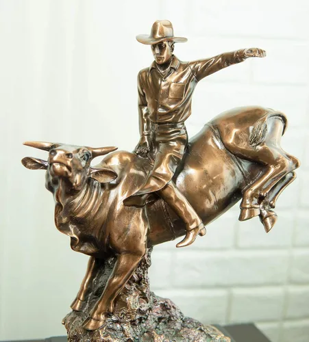 Vista 9 de Ebros - Estatua de vaquero de Bull Rider en Bucking Bull Rider en acabado de bronce sepia galvanizado, del viejo mundo, del salvaje oeste, ganado