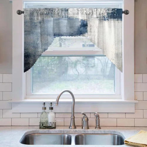 Vista 6 de Blue & Swag - Juego de 3 cortinas para ventana de cocina, cenefa de arte abstracto gris con bolsillo para barra para cocinas modernas