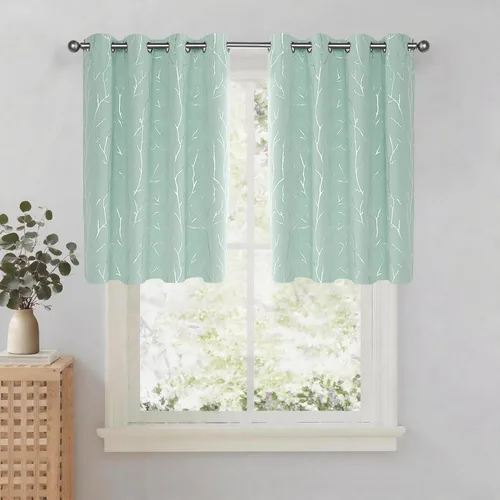 Vista 17 de BUHUA Cortinas pequeñas para ventana de 36 pulgadas de largo, 2 paneles, cortinas opacas con elegantes ramas de árbol plateadas, cortinas de bloqueo