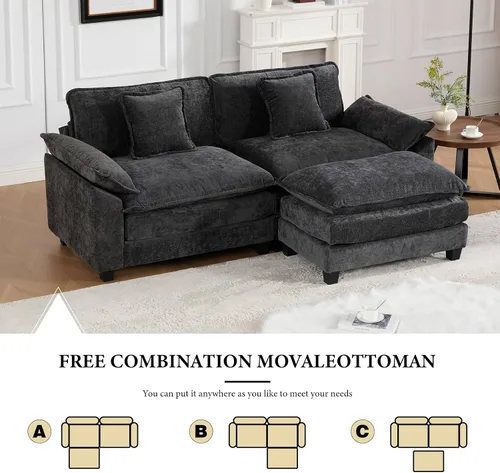 Vista 148 de Sofá seccional modular verde de 111.5", sofás seccionales grandes de 3 plazas para sala de estar, sofá nube oversized de tela chenille con otomana