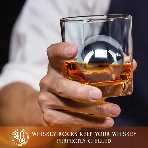 Vista 5 de Regalos para él – Hombres Papá Marido – 4 bolas de hielo de whisky de acero inoxidable XL, pinzas especiales y bolsa de congelador en caja de regalo